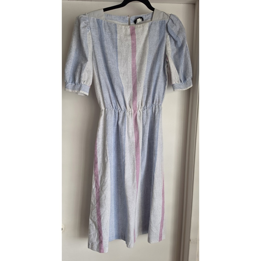 Vintage Maree 80s Striped‎ Puff Sleeve Dress - Blue Pink White - Size 10
